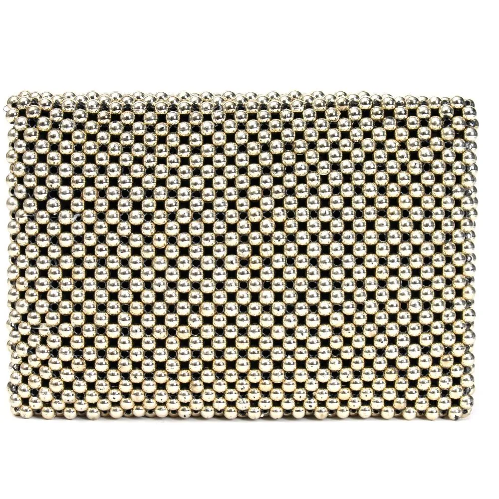 Women Gold Beaded Clutch With Metal Chain Strap