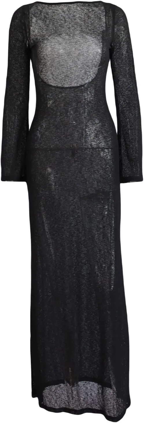 Women See Through Knit Long Dress Long Sleeve Crochet Maxi Bodycon Dress Backless Beach Bikini Cover Up Dresses