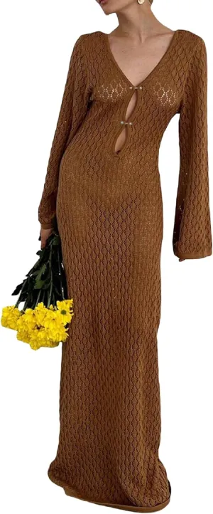 Women See Through Knit Long Dress Long Sleeve Crochet Maxi Bodycon Dress Backless Beach Bikini Cover Up Dresses