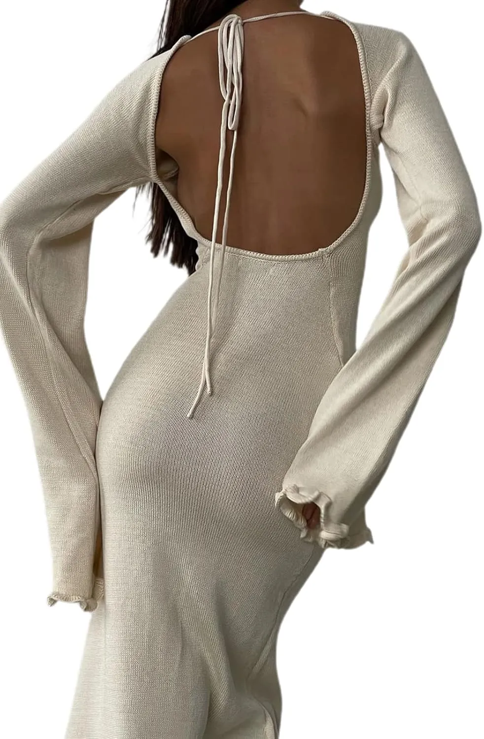 Women See Through Knit Long Dress Long Sleeve Crochet Maxi Bodycon Dress Backless Beach Bikini Cover Up Dresses