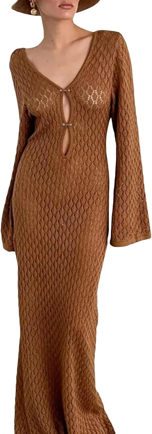 Women See Through Knit Long Dress Long Sleeve Crochet Maxi Bodycon Dress Backless Beach Bikini Cover Up Dresses