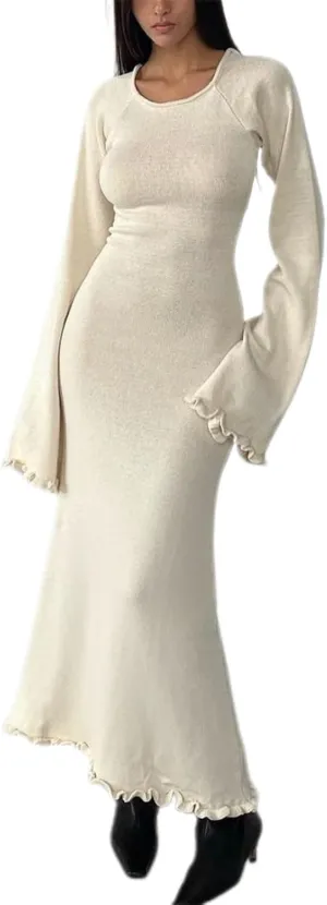 Women See Through Knit Long Dress Long Sleeve Crochet Maxi Bodycon Dress Backless Beach Bikini Cover Up Dresses