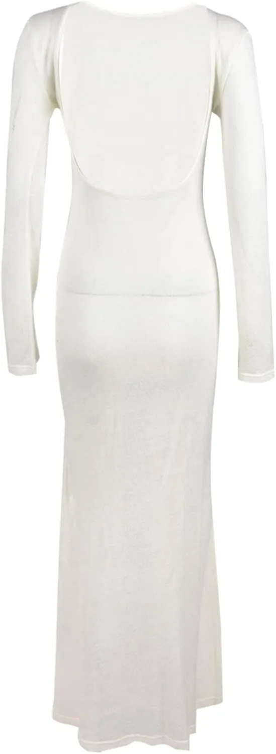 Women See Through Knit Long Dress Long Sleeve Crochet Maxi Bodycon Dress Backless Beach Bikini Cover Up Dresses