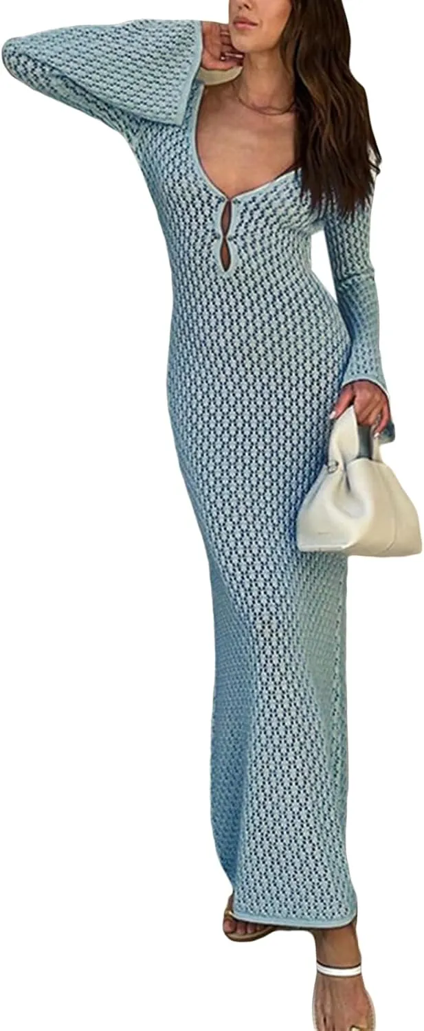 Women See Through Knit Long Dress Long Sleeve Crochet Maxi Bodycon Dress Backless Beach Bikini Cover Up Dresses