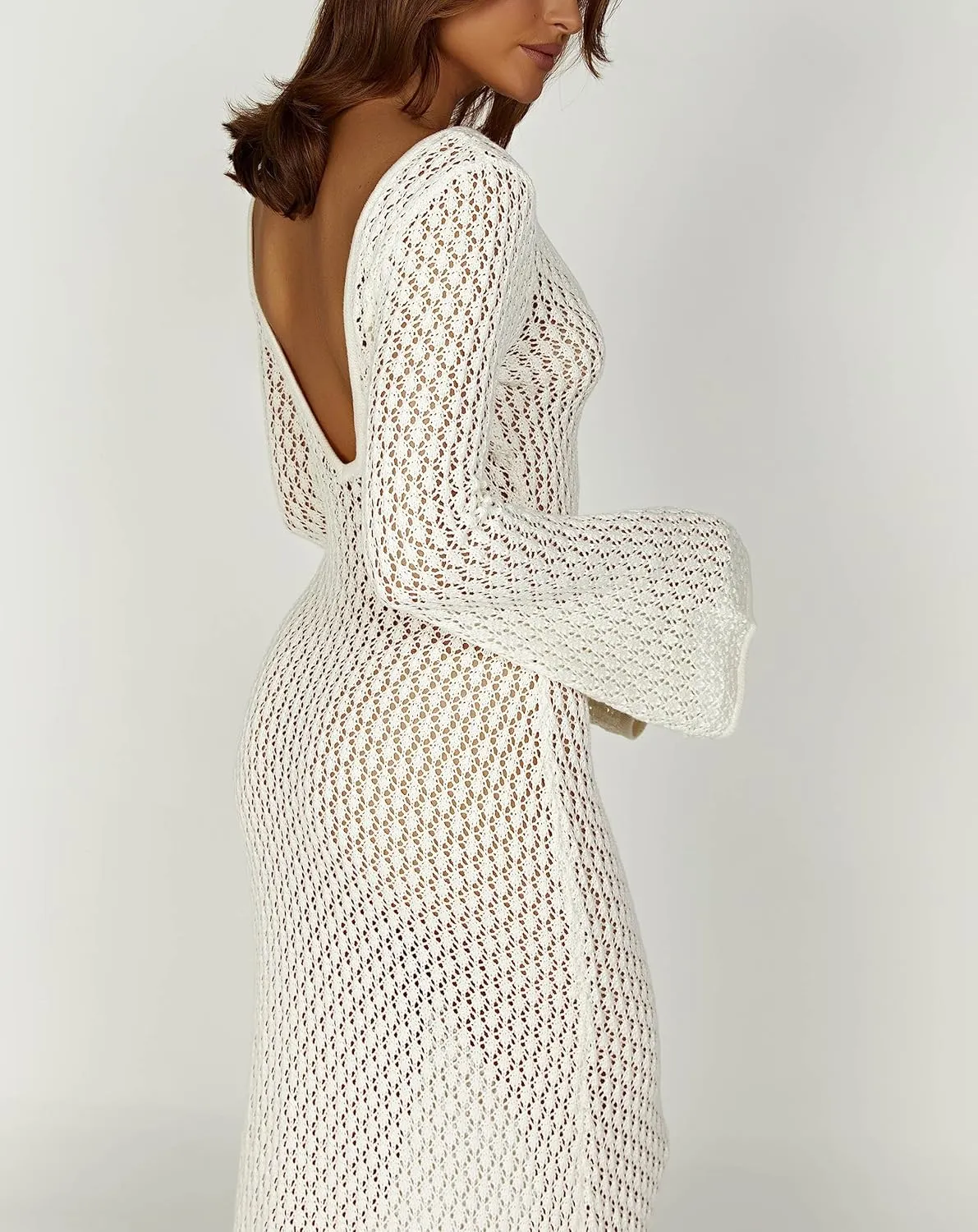 Women See Through Knit Long Dress Long Sleeve Crochet Maxi Bodycon Dress Backless Beach Bikini Cover Up Dresses