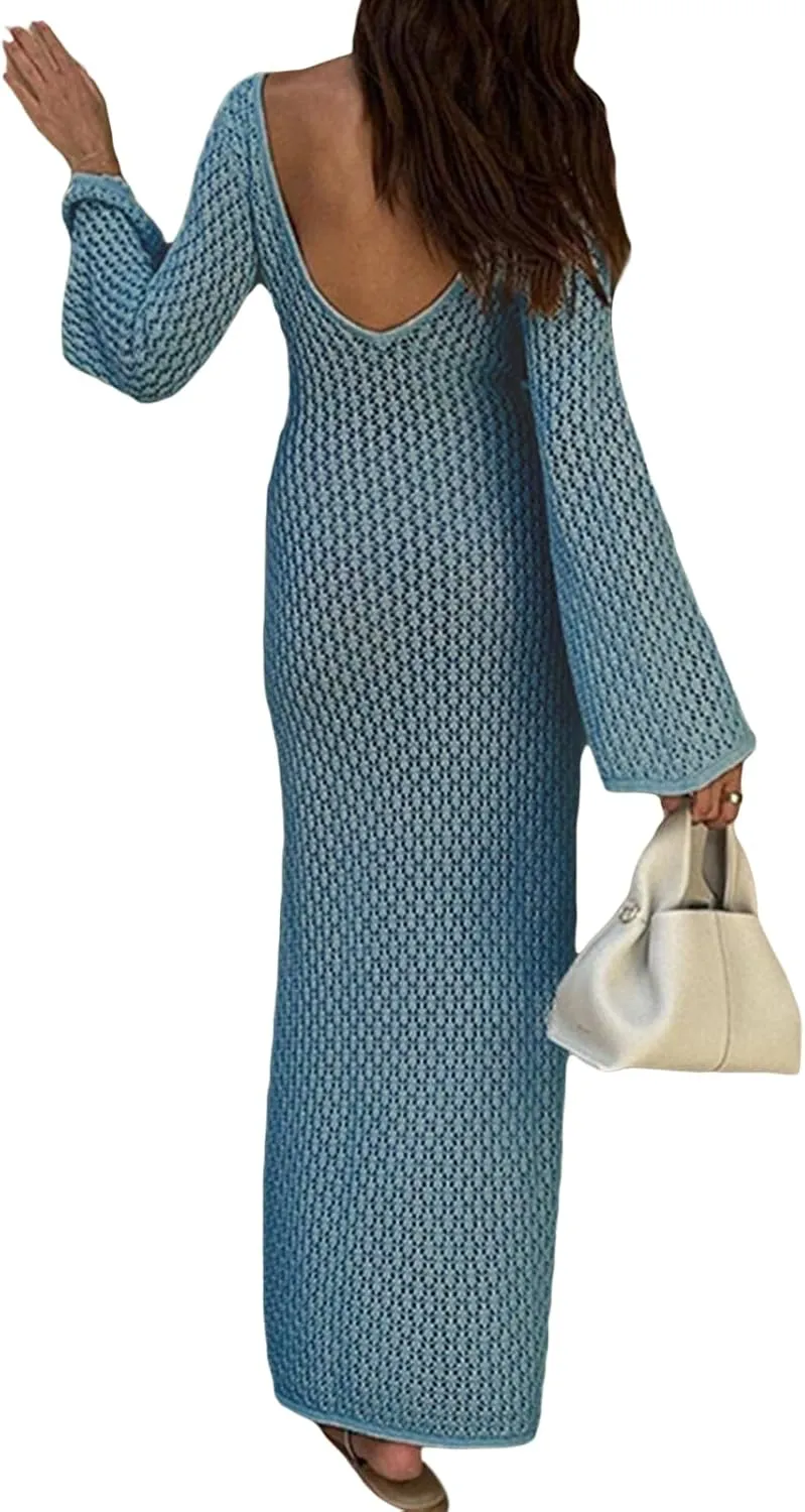 Women See Through Knit Long Dress Long Sleeve Crochet Maxi Bodycon Dress Backless Beach Bikini Cover Up Dresses