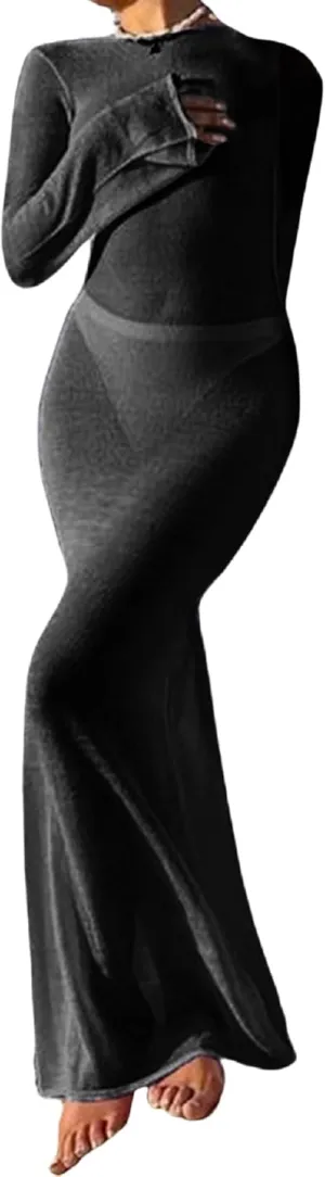Women See Through Knit Long Dress Long Sleeve Crochet Maxi Bodycon Dress Backless Beach Bikini Cover Up Dresses