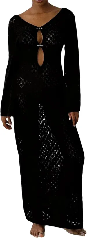 Women See Through Knit Long Dress Long Sleeve Crochet Maxi Bodycon Dress Backless Beach Bikini Cover Up Dresses