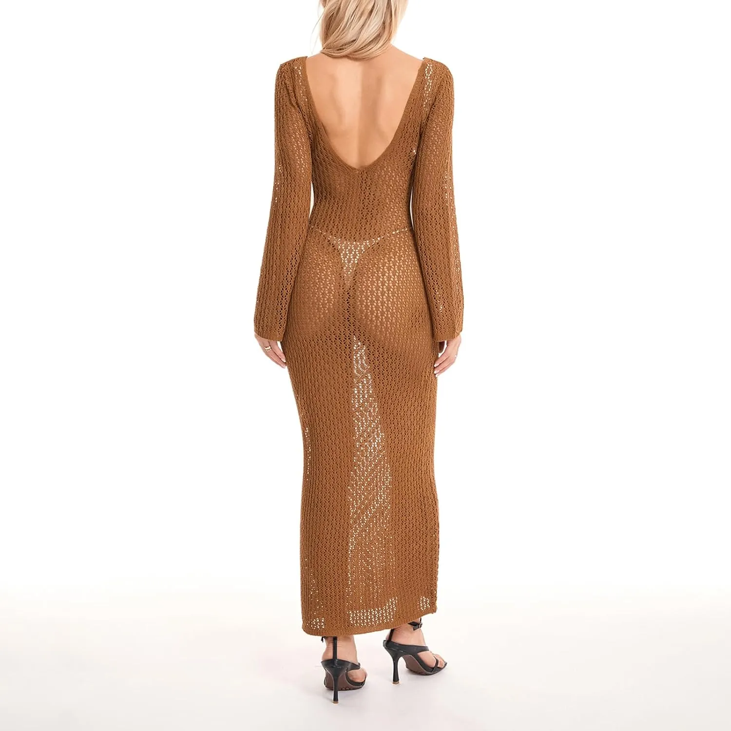 Women See Through Knit Long Dress Long Sleeve Crochet Maxi Bodycon Dress Backless Beach Bikini Cover Up Dresses