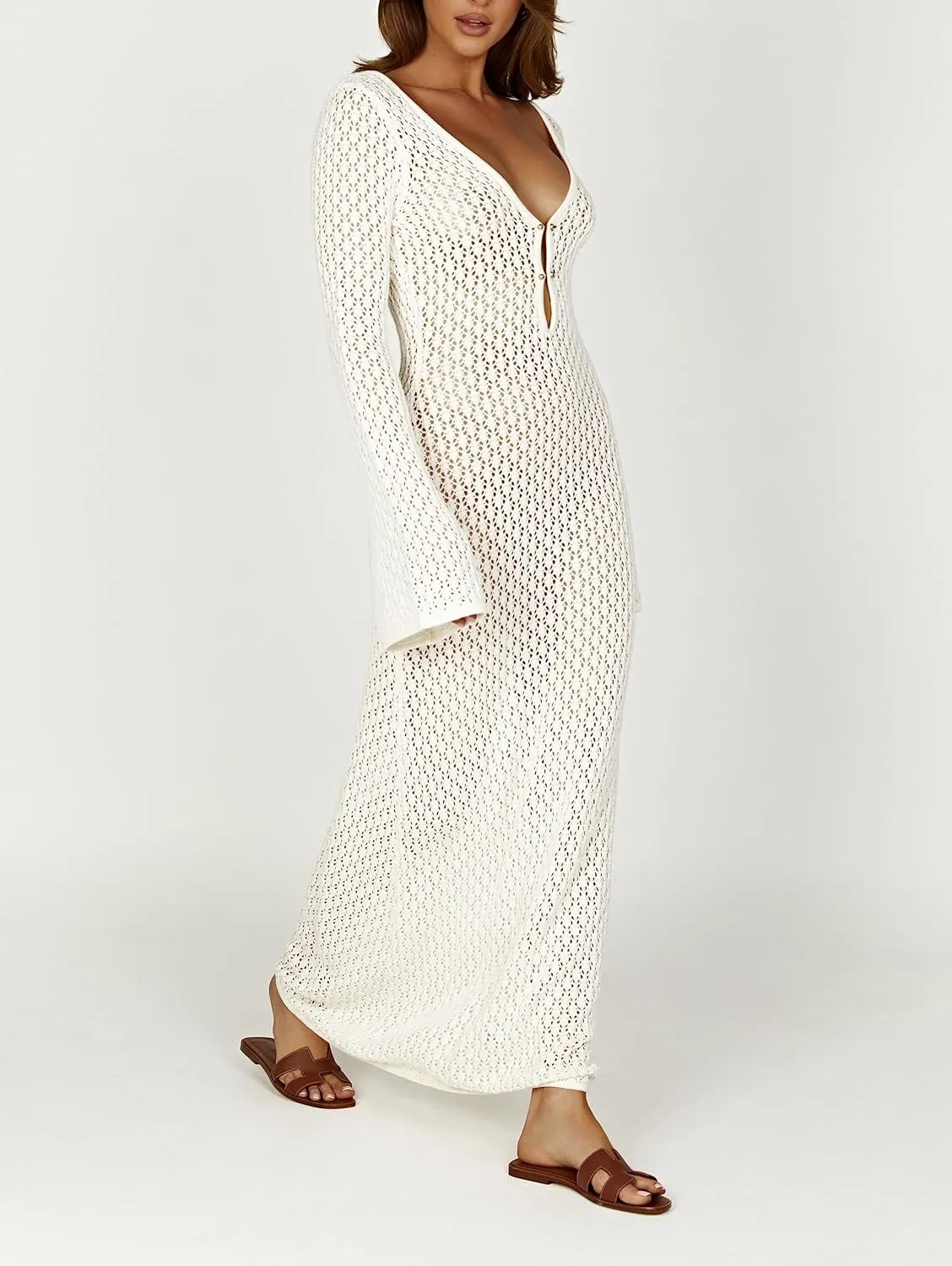 Women See Through Knit Long Dress Long Sleeve Crochet Maxi Bodycon Dress Backless Beach Bikini Cover Up Dresses