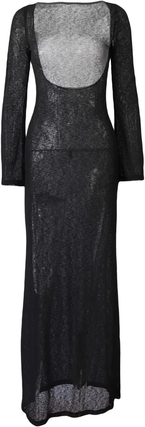 Women See Through Knit Long Dress Long Sleeve Crochet Maxi Bodycon Dress Backless Beach Bikini Cover Up Dresses