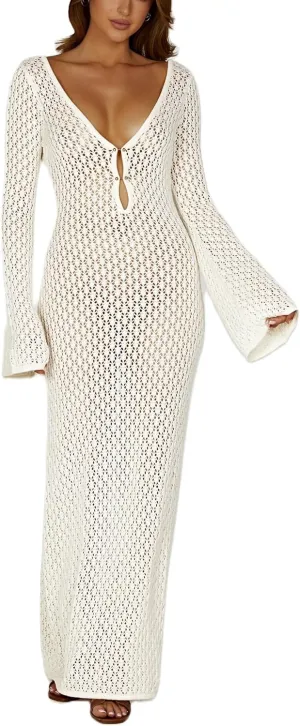 Women See Through Knit Long Dress Long Sleeve Crochet Maxi Bodycon Dress Backless Beach Bikini Cover Up Dresses