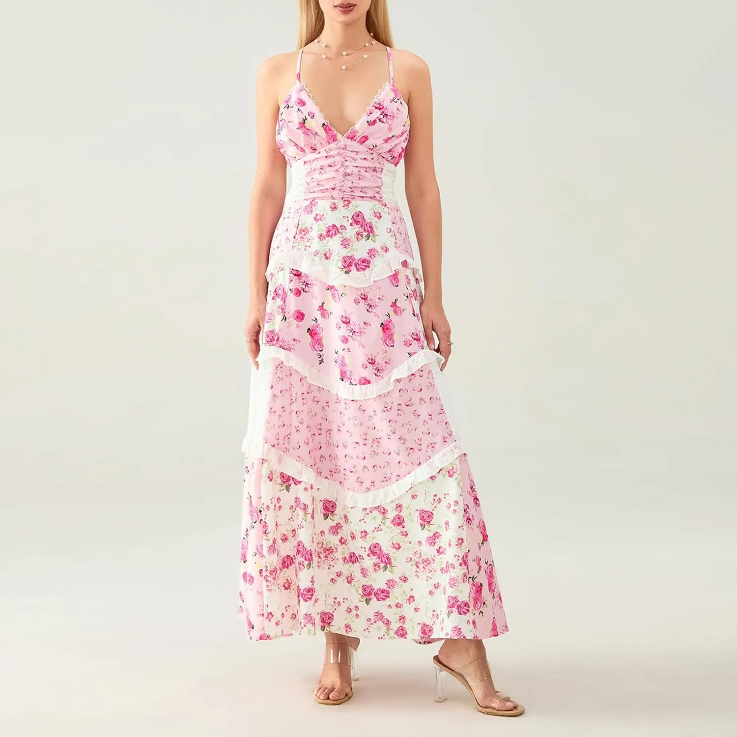 Women Tie Shoulder Boho Floral Maxi Dress Y2k Spaghetti Strap Flowy Long Dresses Summer Tiered Beach Sundress