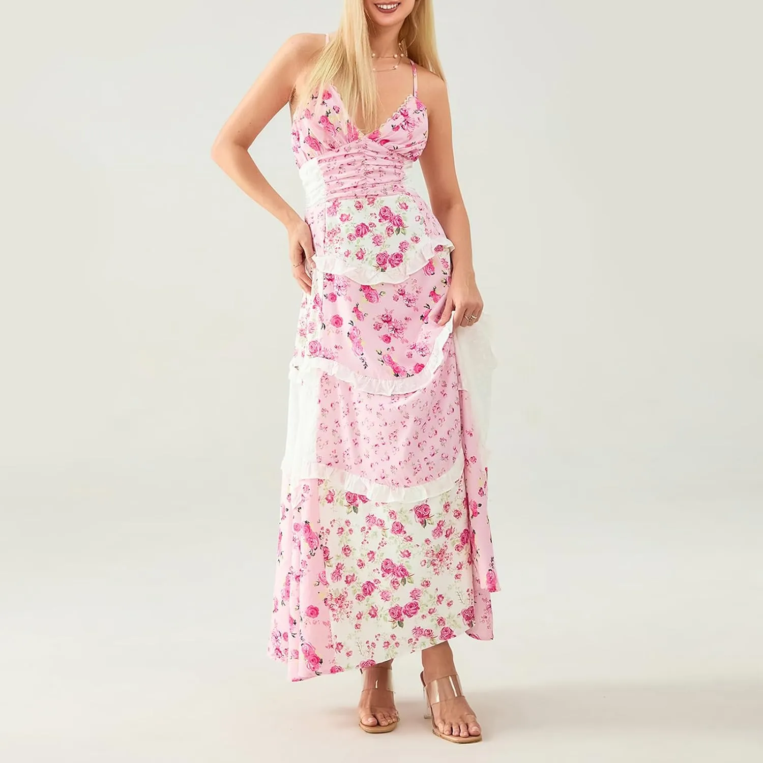 Women Tie Shoulder Boho Floral Maxi Dress Y2k Spaghetti Strap Flowy Long Dresses Summer Tiered Beach Sundress