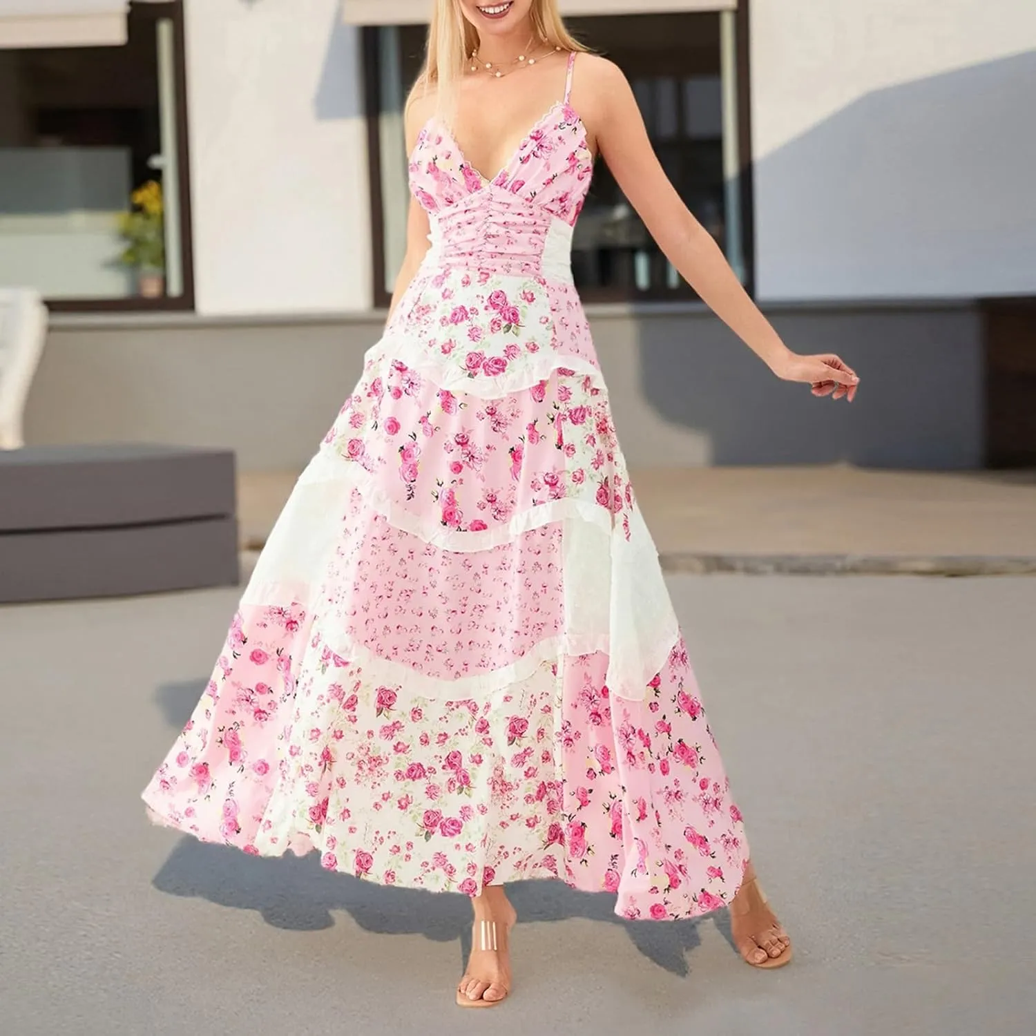 Women Tie Shoulder Boho Floral Maxi Dress Y2k Spaghetti Strap Flowy Long Dresses Summer Tiered Beach Sundress
