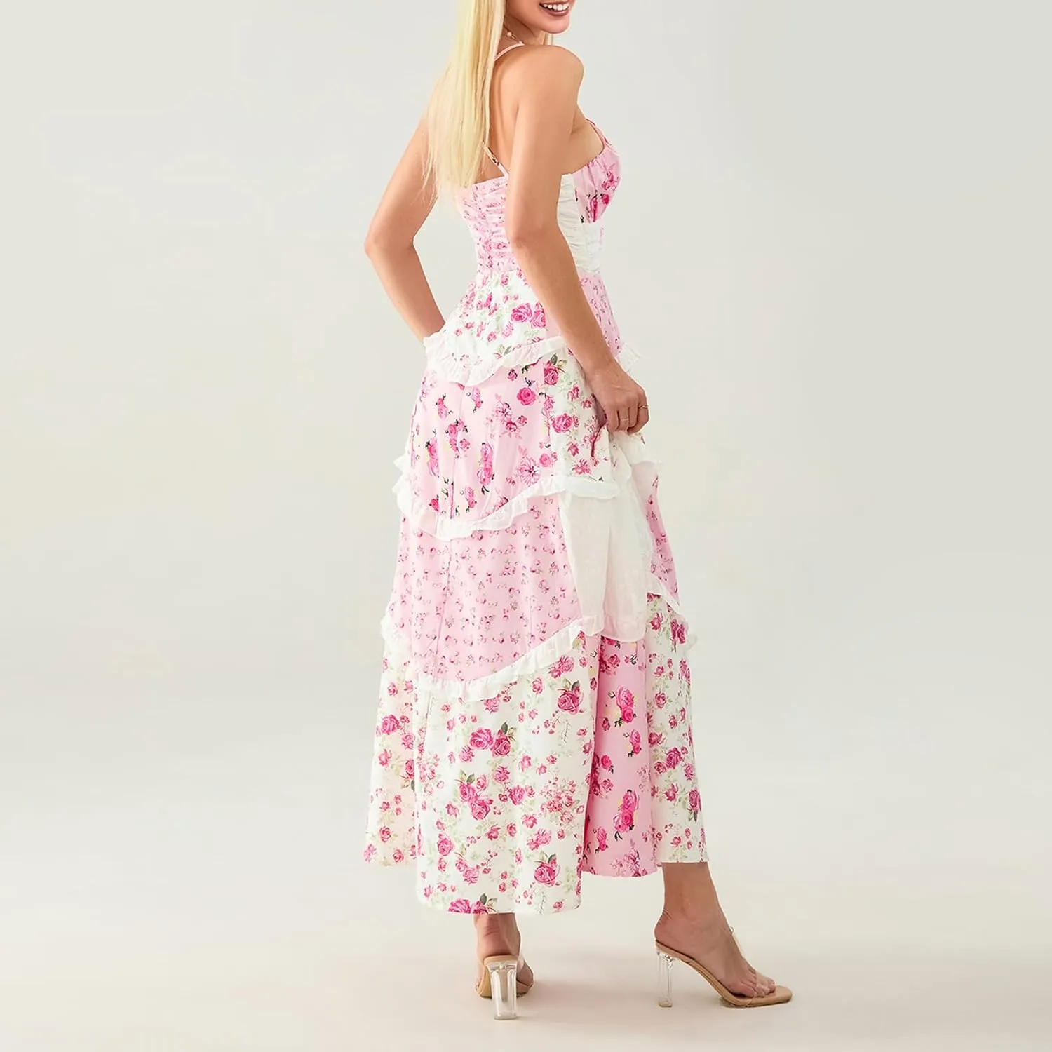 Women Tie Shoulder Boho Floral Maxi Dress Y2k Spaghetti Strap Flowy Long Dresses Summer Tiered Beach Sundress