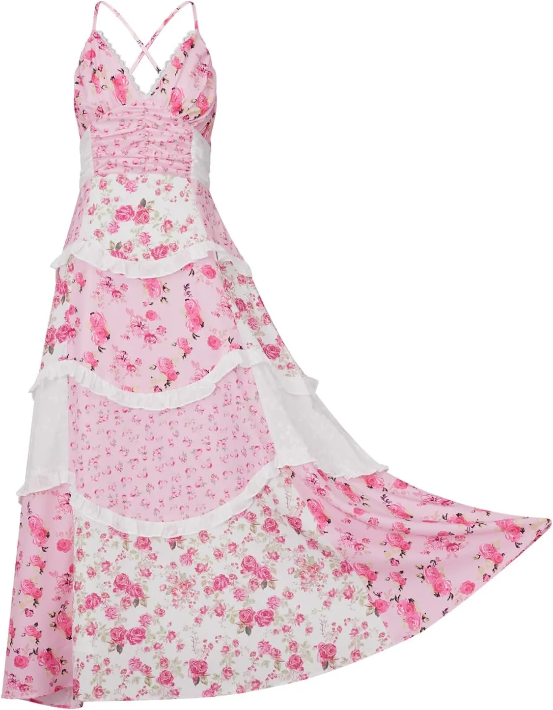 Women Tie Shoulder Boho Floral Maxi Dress Y2k Spaghetti Strap Flowy Long Dresses Summer Tiered Beach Sundress