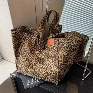 Women's Fashion Leopard Pattern Tote Vintage Canvas Shoulder Bag Large Capacity Handbags For School Work Shopping