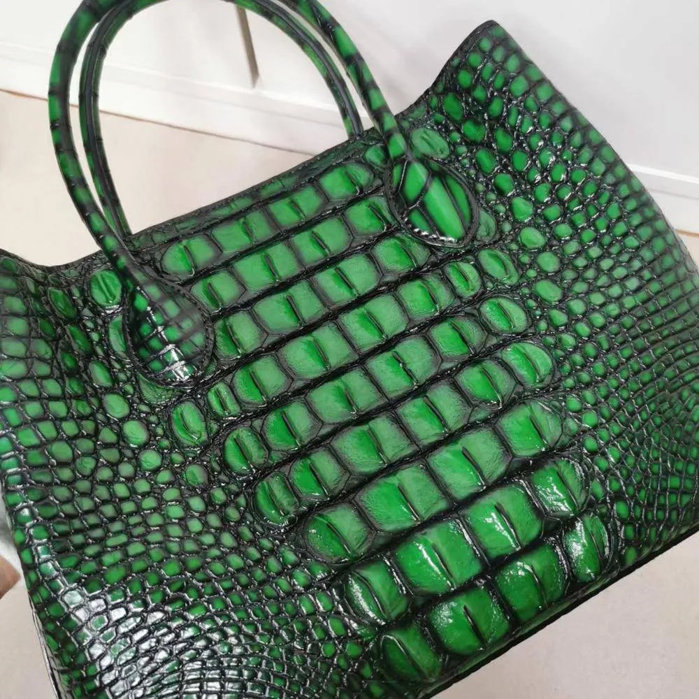 Womens  Genuine Crocodile Leather Tote Shoulder Bags Vintage Green