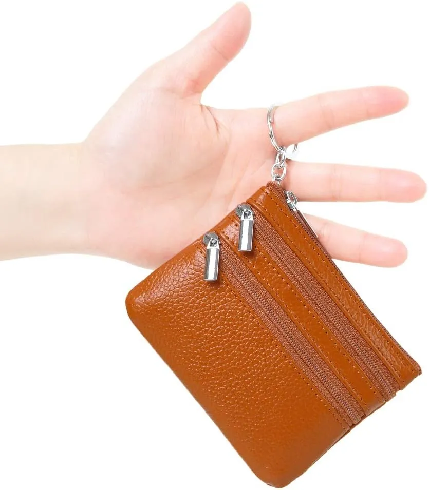 Women's Genuine Leather Coin Purse Mini Pouch Change Wallet with Keychain
