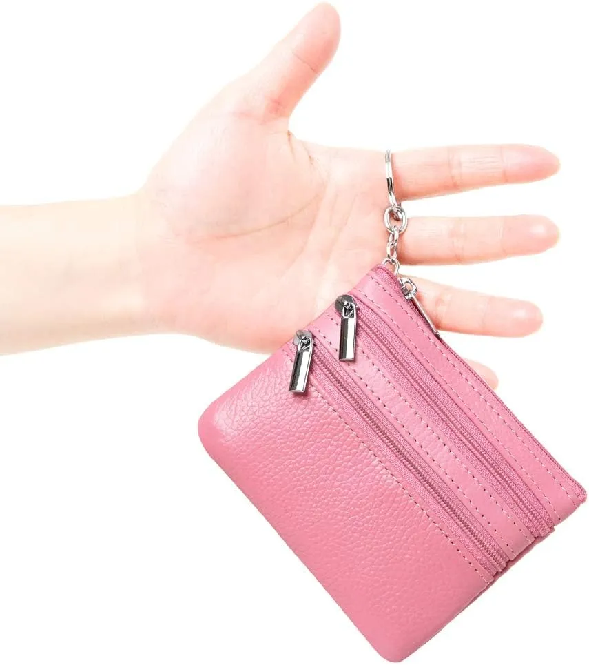 Women's Genuine Leather Coin Purse Mini Pouch Change Wallet with Keychain