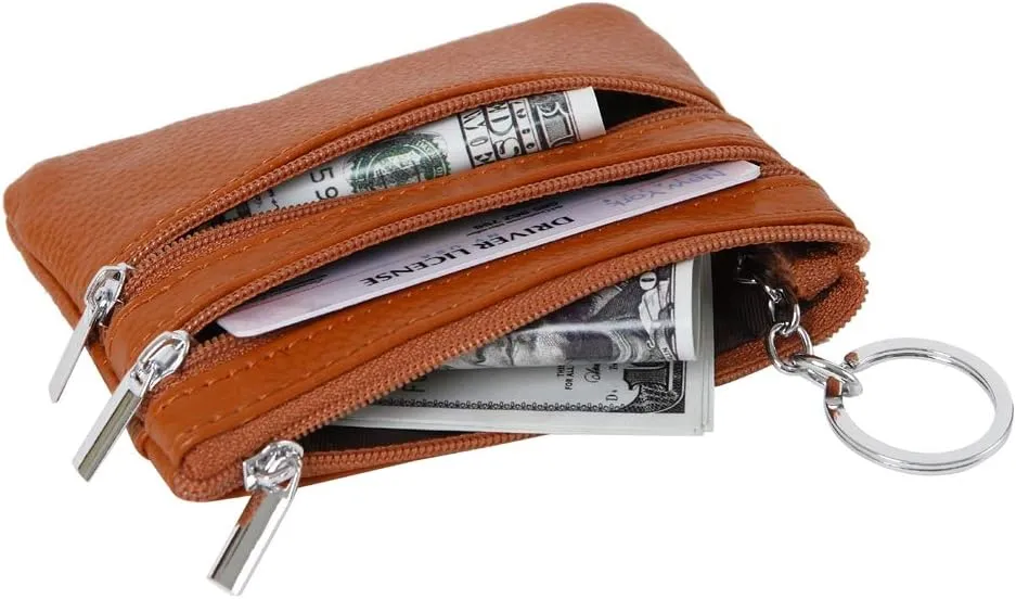 Women's Genuine Leather Coin Purse Mini Pouch Change Wallet with Keychain
