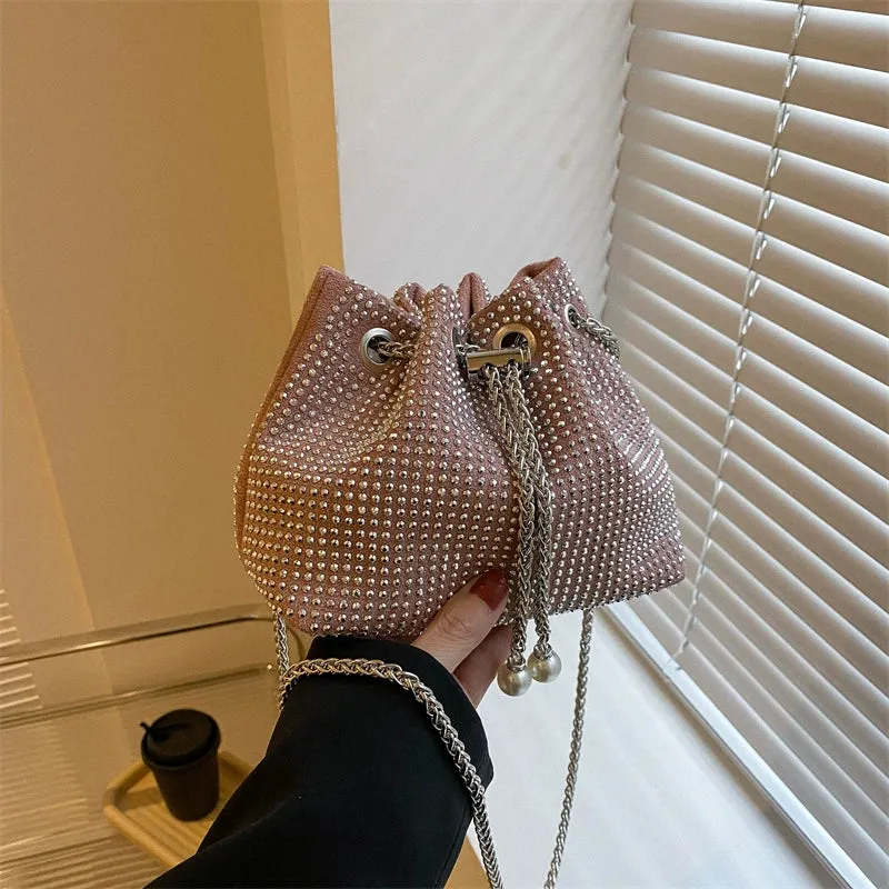 Women's K-Style Trend Rhinestone Bucket Bag - Full Diamond Chain Shoulder Crossbody with Drawstring