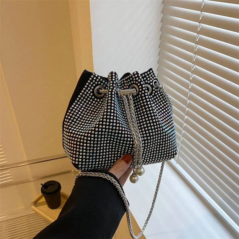 Women's K-Style Trend Rhinestone Bucket Bag - Full Diamond Chain Shoulder Crossbody with Drawstring
