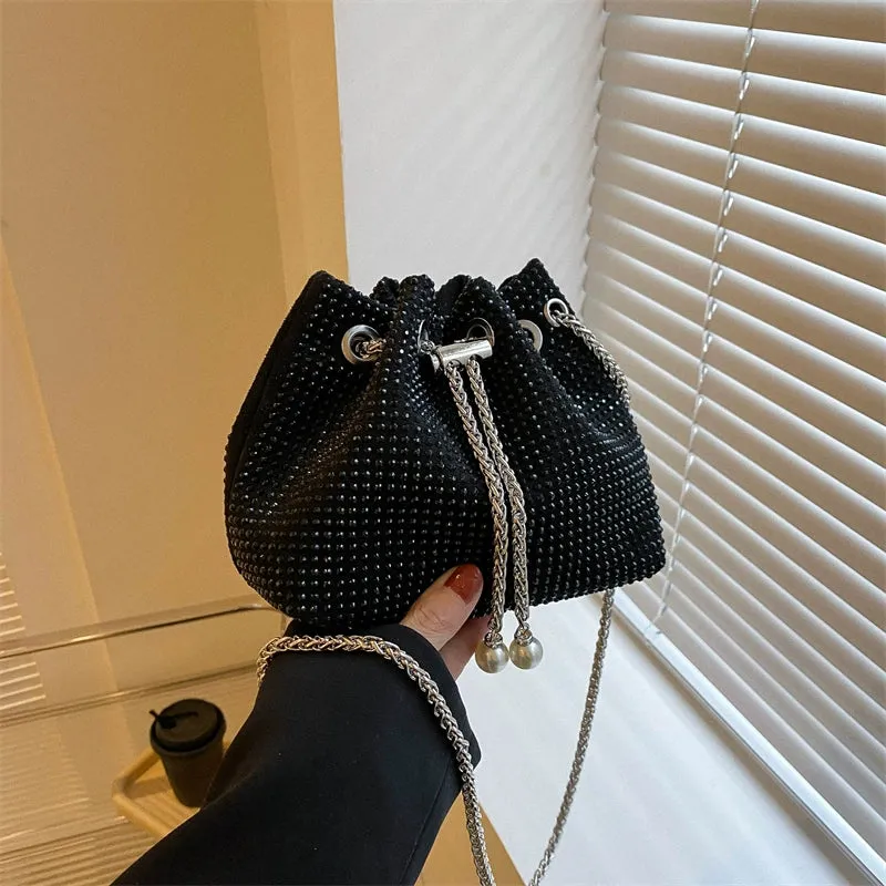 Women's K-Style Trend Rhinestone Bucket Bag - Full Diamond Chain Shoulder Crossbody with Drawstring