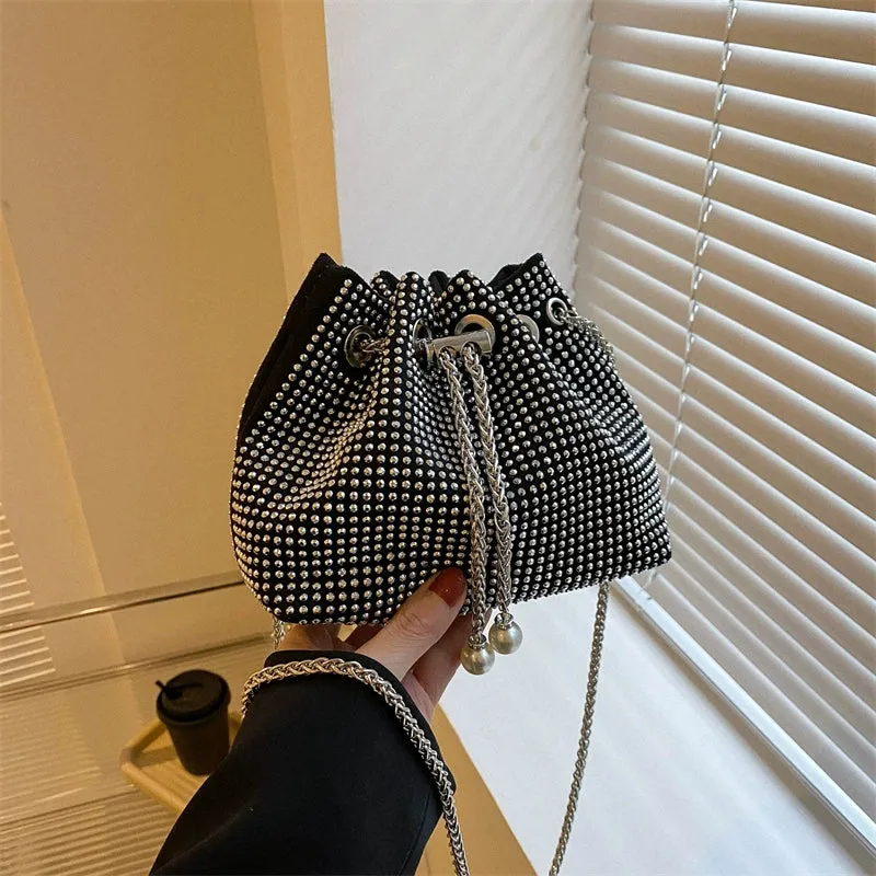 Women's K-Style Trend Rhinestone Bucket Bag - Full Diamond Chain Shoulder Crossbody with Drawstring