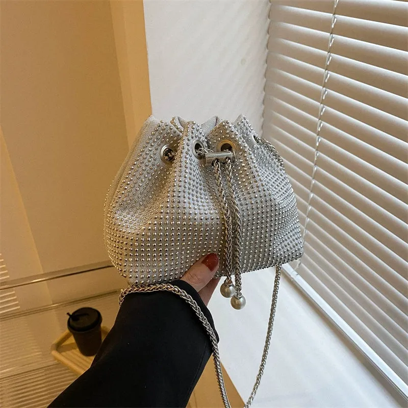 Women's K-Style Trend Rhinestone Bucket Bag - Full Diamond Chain Shoulder Crossbody with Drawstring
