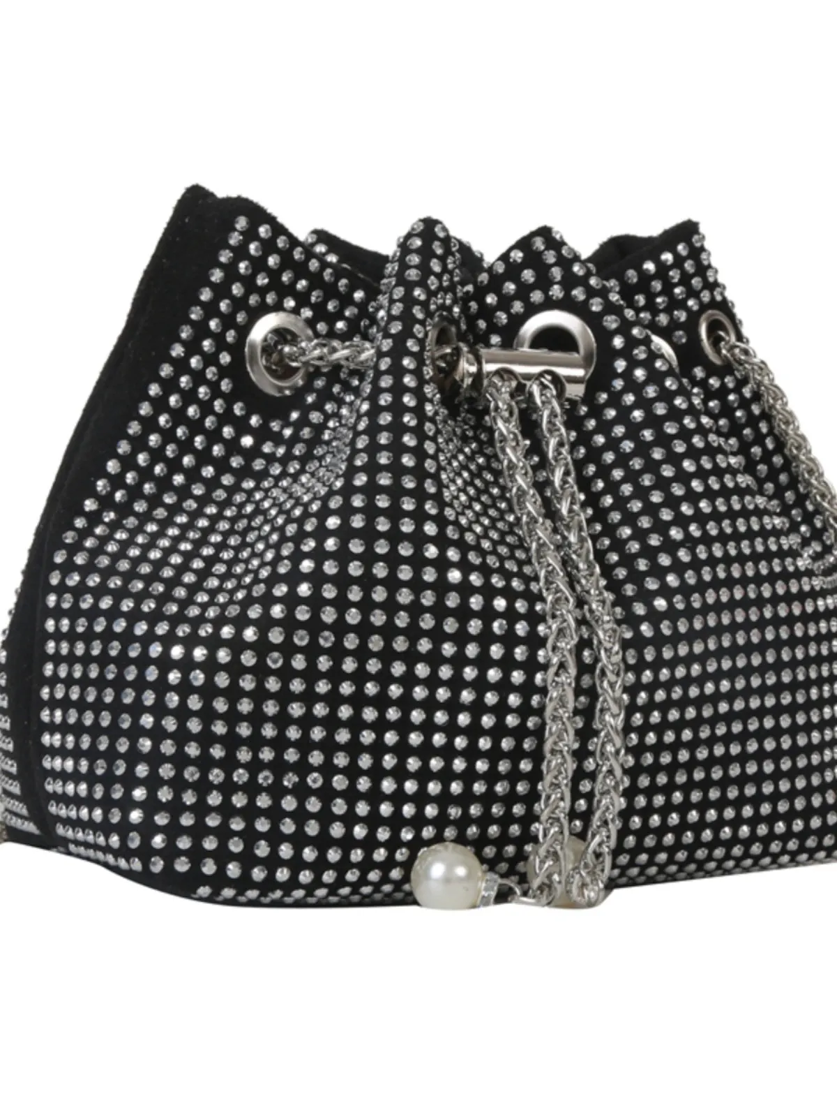 Women's K-Style Trend Rhinestone Bucket Bag - Full Diamond Chain Shoulder Crossbody with Drawstring