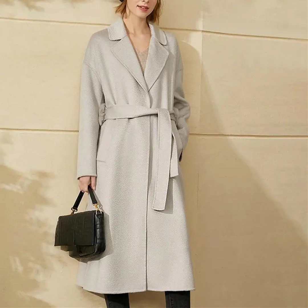 Women's Minimalist Wool Long Coat With Turn-Down Collar Full Sleeves Single Button Closure Wide-Waisted Office Style