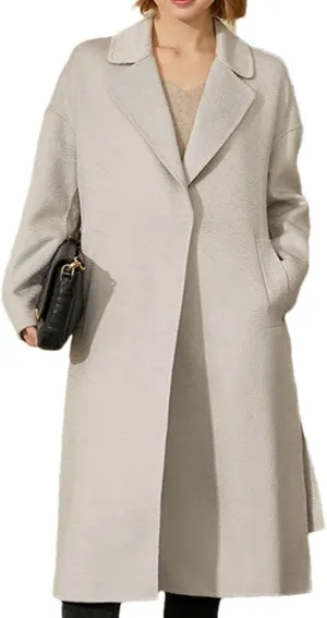Women's Minimalist Wool Long Coat With Turn-Down Collar Full Sleeves Single Button Closure Wide-Waisted Office Style