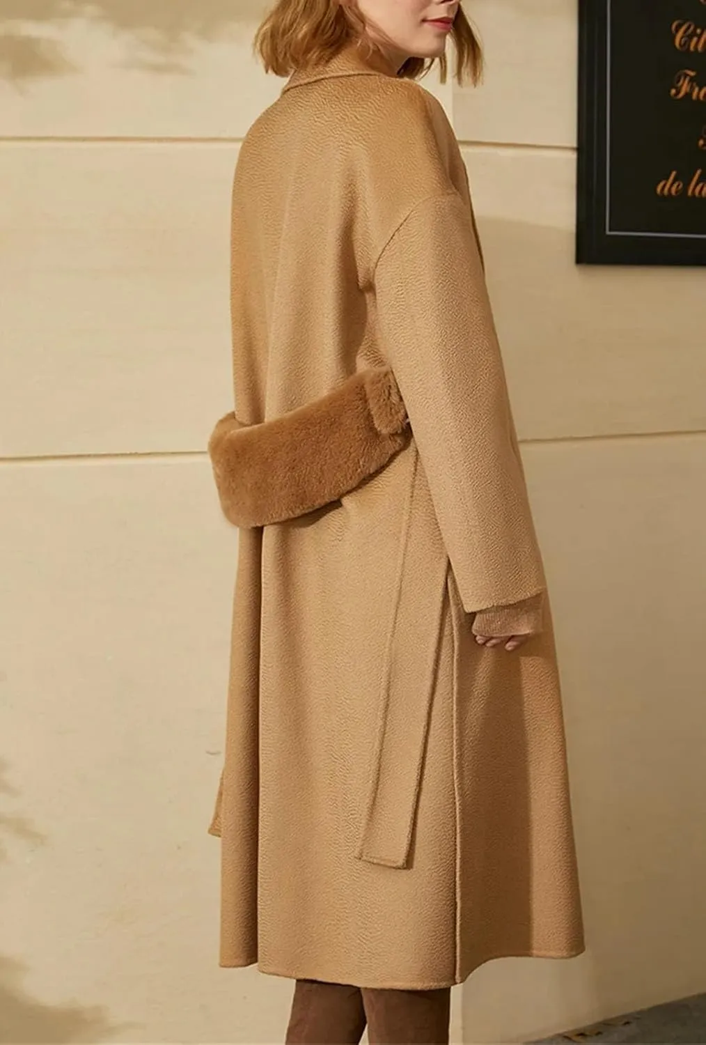 Women's Minimalist Wool Long Coat With Turn-Down Collar Full Sleeves Single Button Closure Wide-Waisted Office Style
