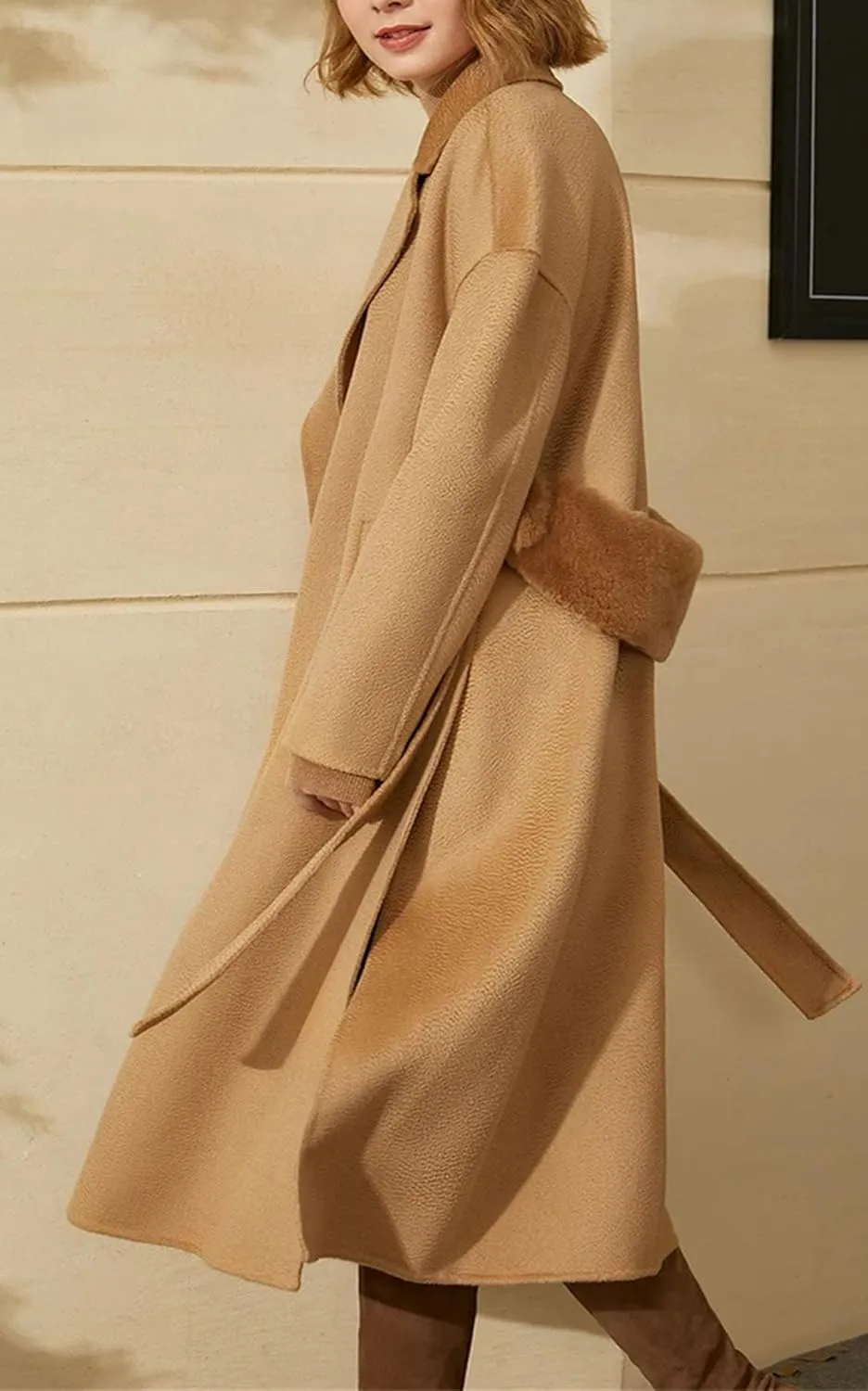 Women's Minimalist Wool Long Coat With Turn-Down Collar Full Sleeves Single Button Closure Wide-Waisted Office Style