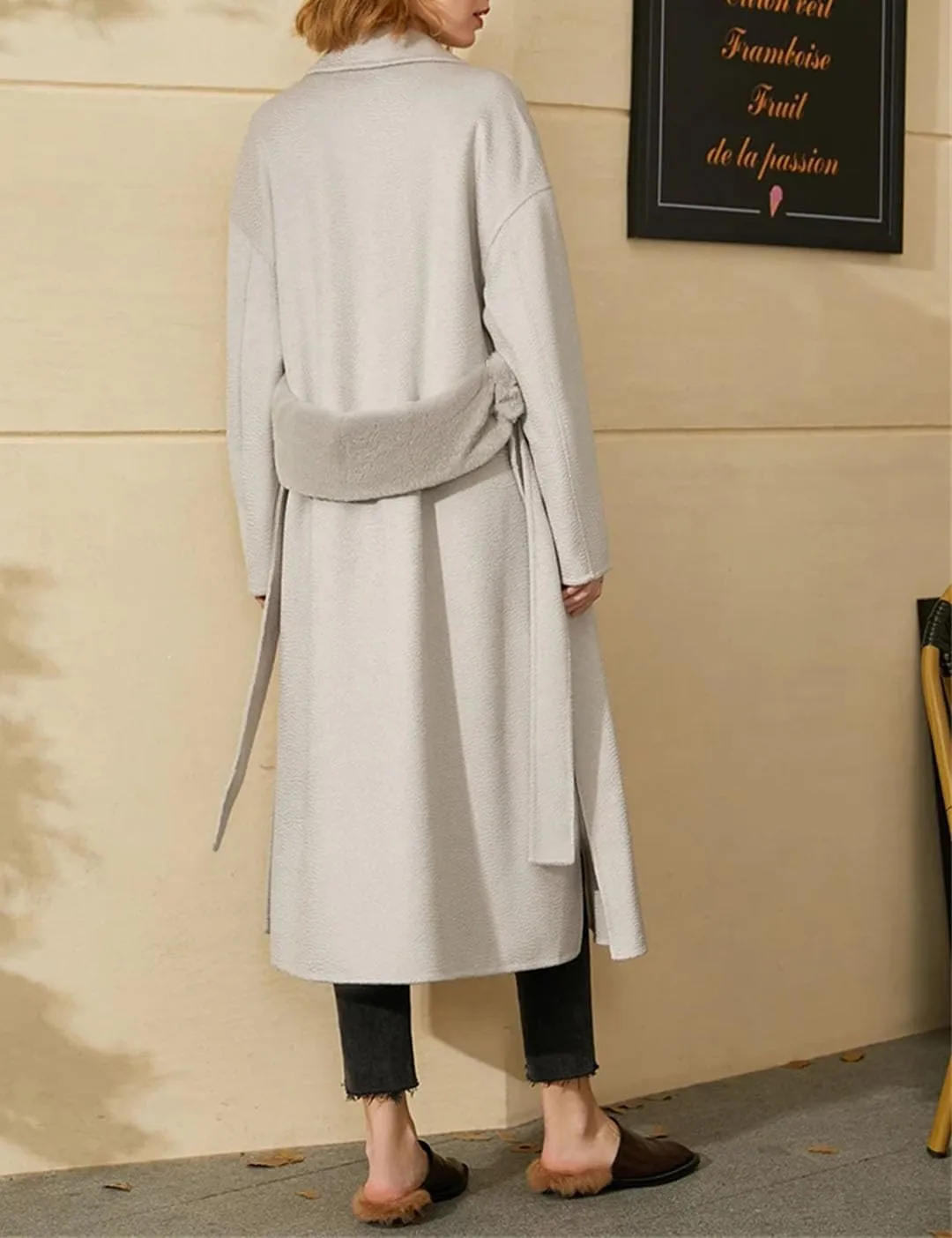 Women's Minimalist Wool Long Coat With Turn-Down Collar Full Sleeves Single Button Closure Wide-Waisted Office Style