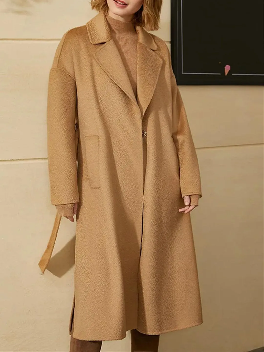 Women's Minimalist Wool Long Coat With Turn-Down Collar Full Sleeves Single Button Closure Wide-Waisted Office Style