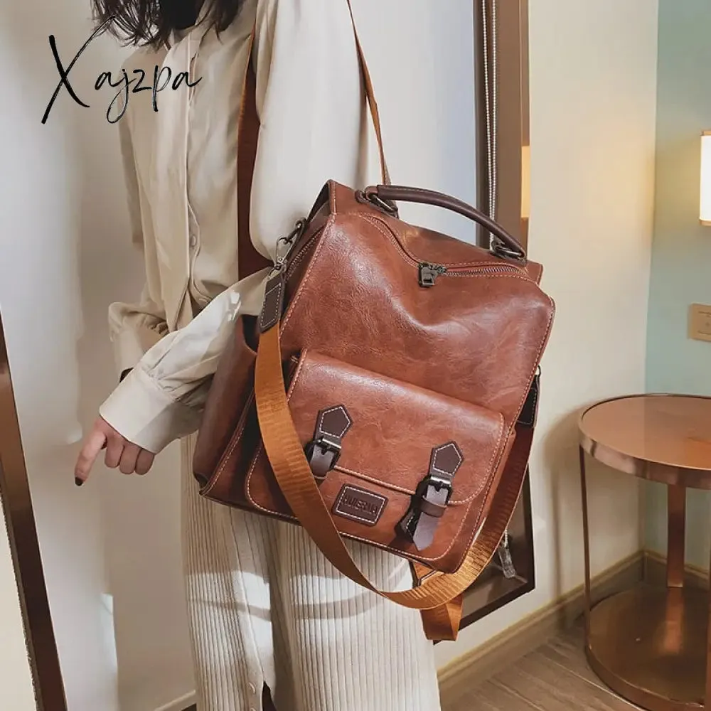 Xajzpa - Women&#39;s Backpack Vintage Pu Leather Daypack Brown Mochilas Para Mujer Casual Travel Bag Retro Student School Bag