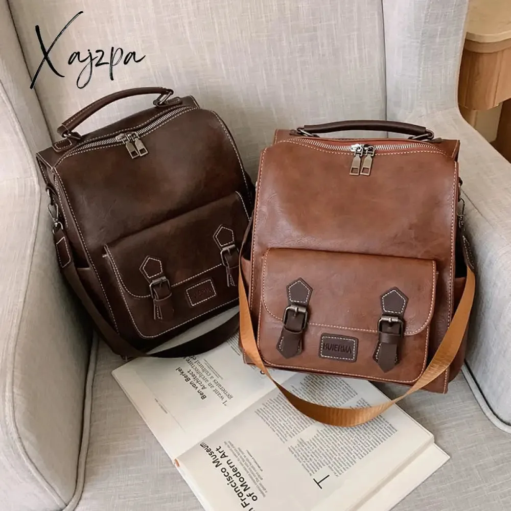 Xajzpa - Women&#39;s Backpack Vintage Pu Leather Daypack Brown Mochilas Para Mujer Casual Travel Bag Retro Student School Bag