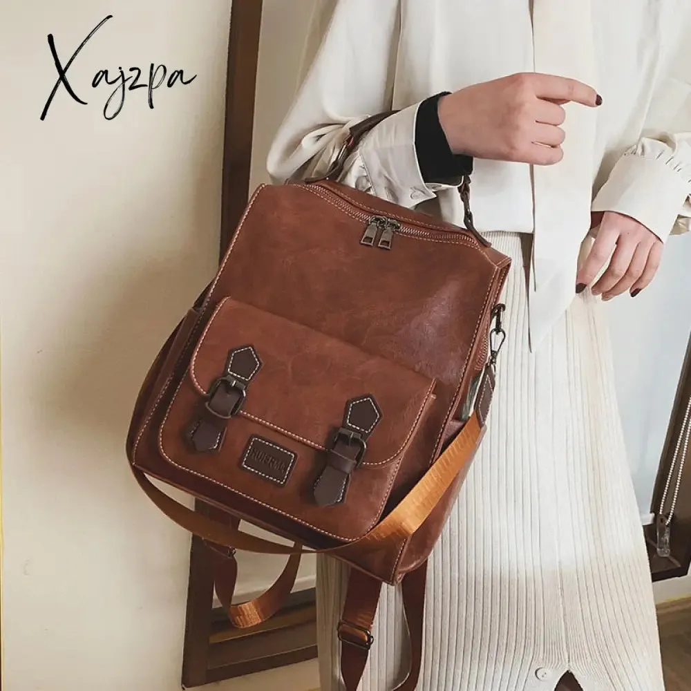 Xajzpa - Women&#39;s Backpack Vintage Pu Leather Daypack Brown Mochilas Para Mujer Casual Travel Bag Retro Student School Bag