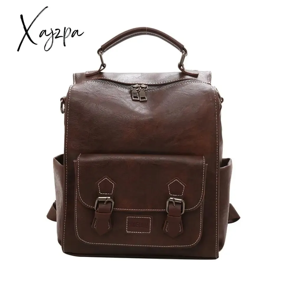 Xajzpa - Women&#39;s Backpack Vintage Pu Leather Daypack Brown Mochilas Para Mujer Casual Travel Bag Retro Student School Bag