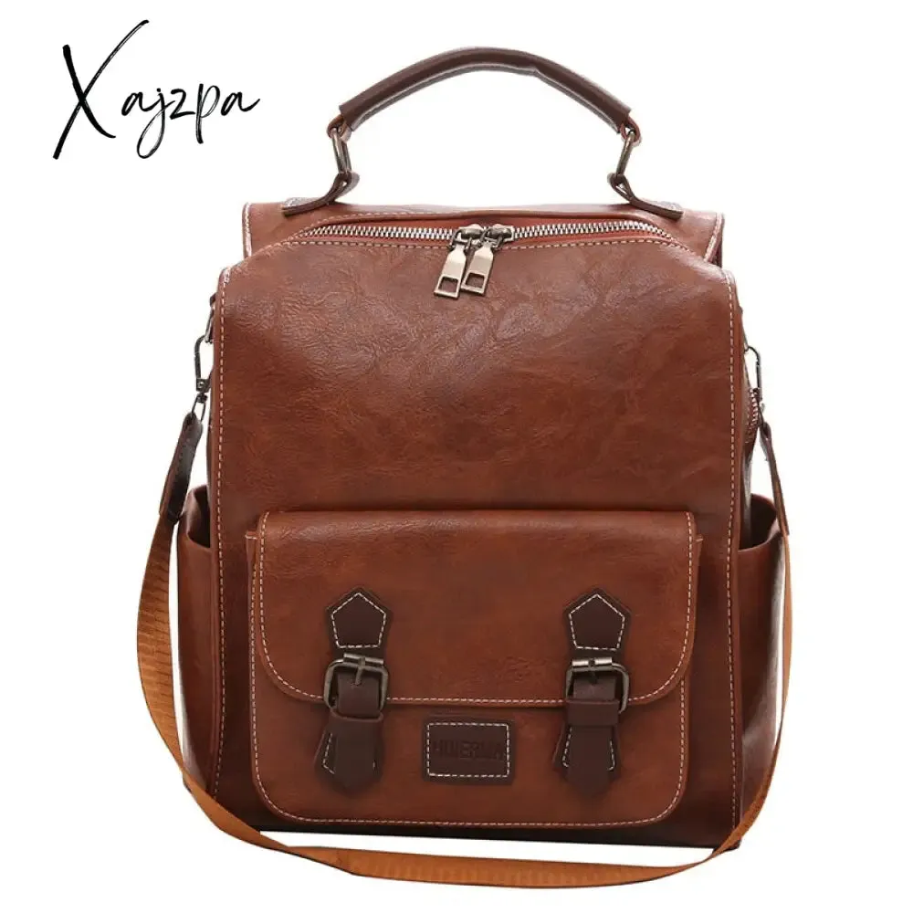 Xajzpa - Women&#39;s Backpack Vintage Pu Leather Daypack Brown Mochilas Para Mujer Casual Travel Bag Retro Student School Bag