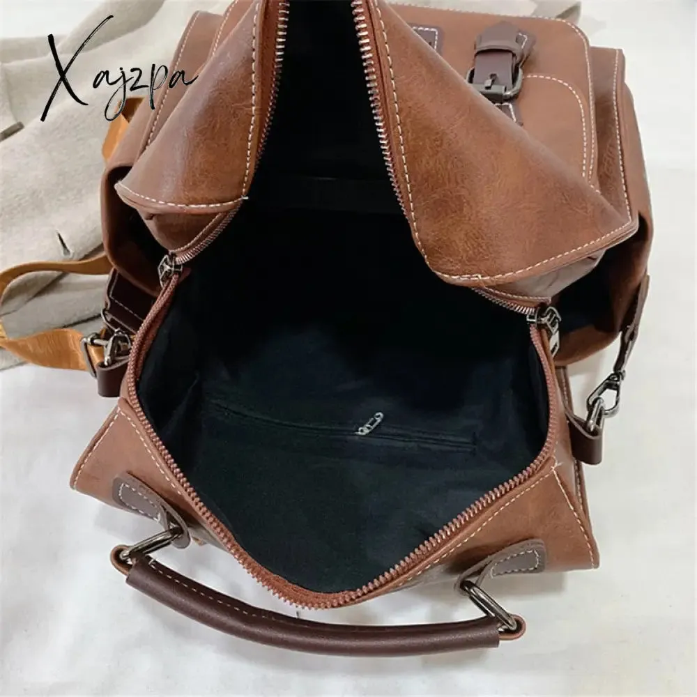 Xajzpa - Women&#39;s Backpack Vintage Pu Leather Daypack Brown Mochilas Para Mujer Casual Travel Bag Retro Student School Bag