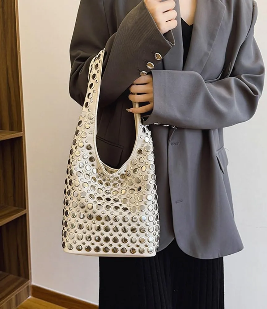 Y2k 90s Crescent Hobo Bags Women Studded PU Leather Shoulder Crossbody Purse Trendy Punk Underarm Satchels Bag Tote Handbag