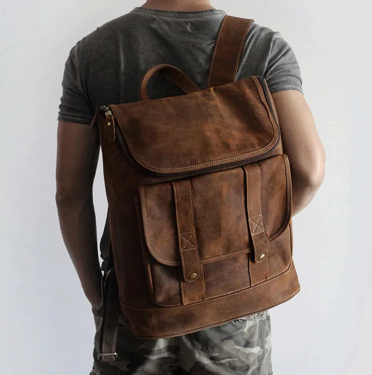YAAGLE Vintage Unisex Crazy Horse Leather 15 inch Travel Backpack YGPD2089