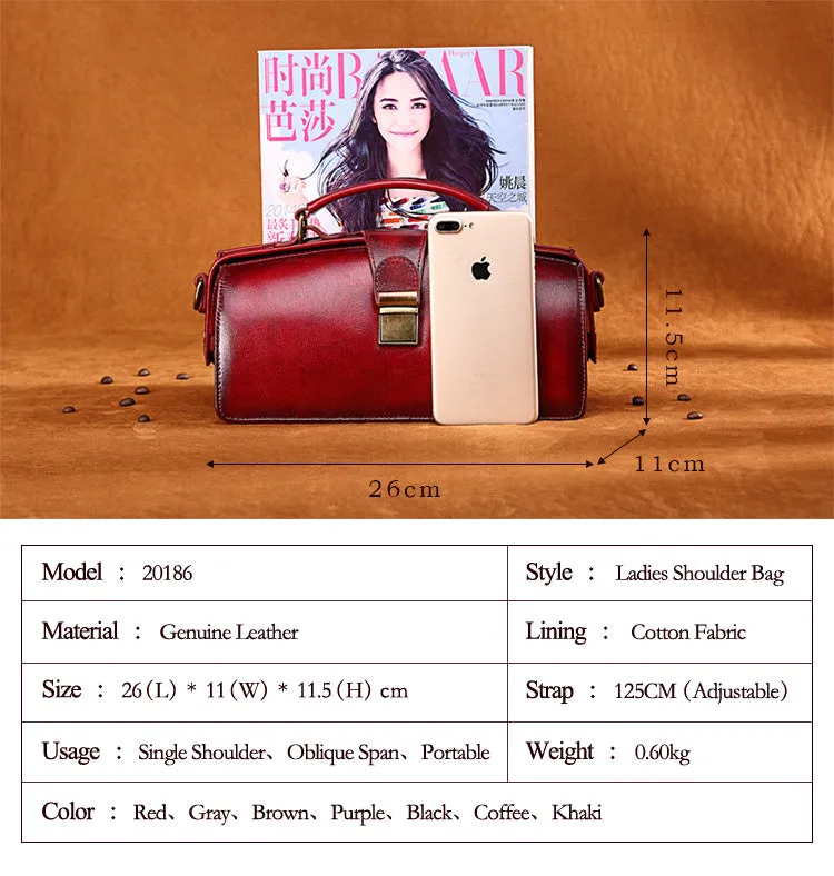 YAAGLE Women Retro Cowhide genuine leather bags Doctor bag Handbag YG0186