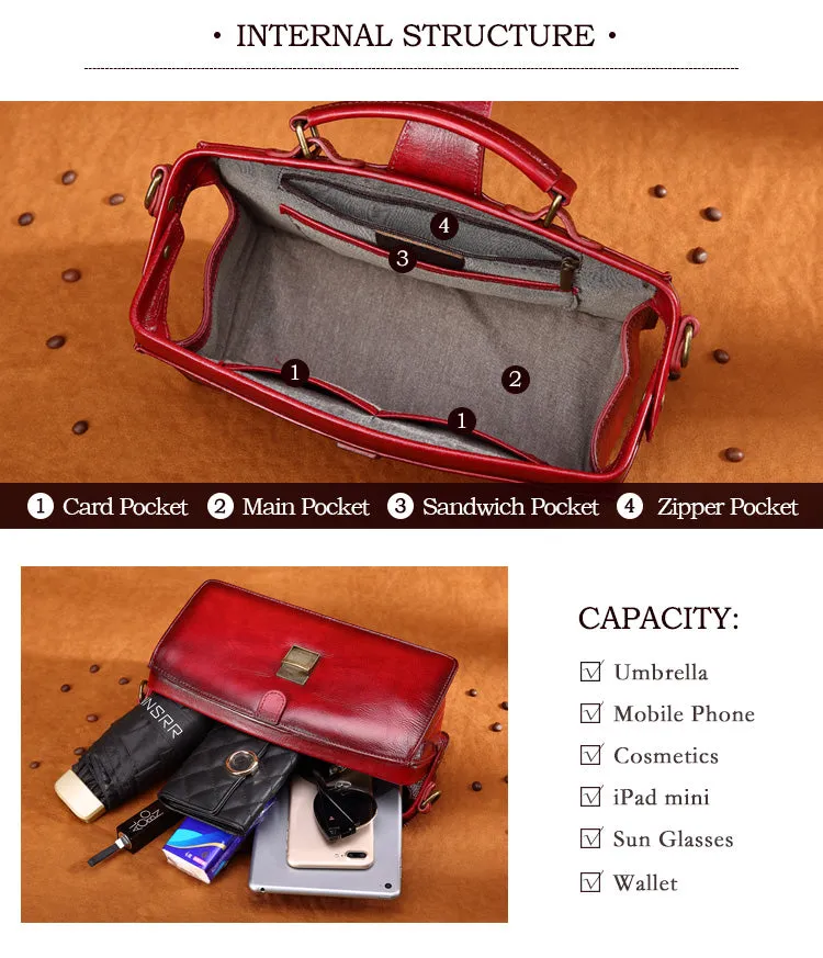 YAAGLE Women Retro Cowhide genuine leather bags Doctor bag Handbag YG0186