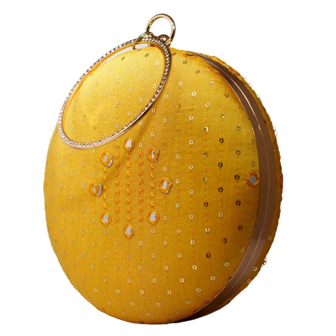 Yellow Sequins And Thread Embroidery Round Clutch