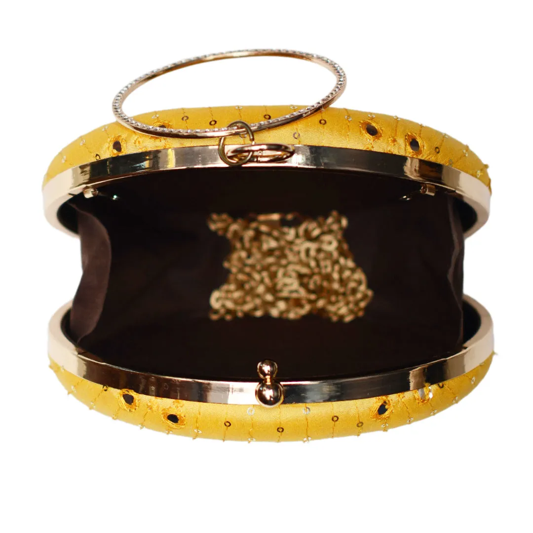 Yellow Sequins And Thread Embroidery Round Clutch